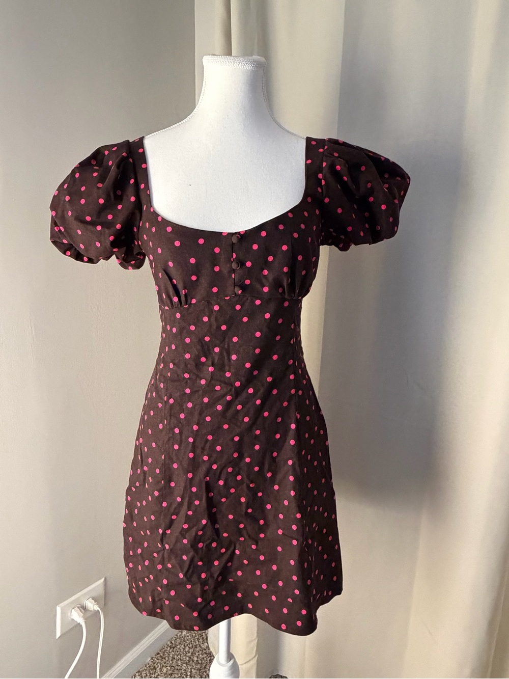 Zara Black Mini Dress with Pink Polka Dots and Puff Sleeves